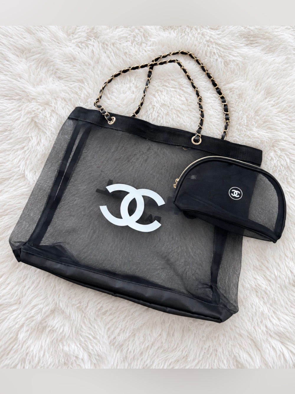 Black Mesh Tote Bag with Logo Accent